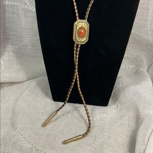 Vintage Bolo tie western leather and ornate medallion agate cornelian